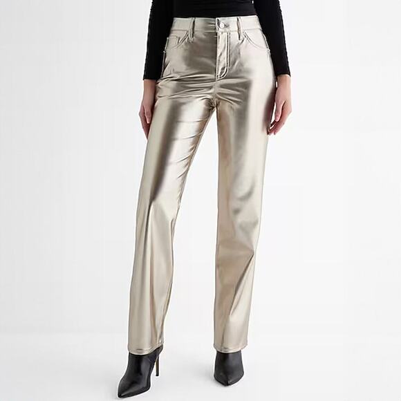 NWT Express Silver Metallic Straight Leg High Rise Pants Size 4 - Picture 1 of 8
